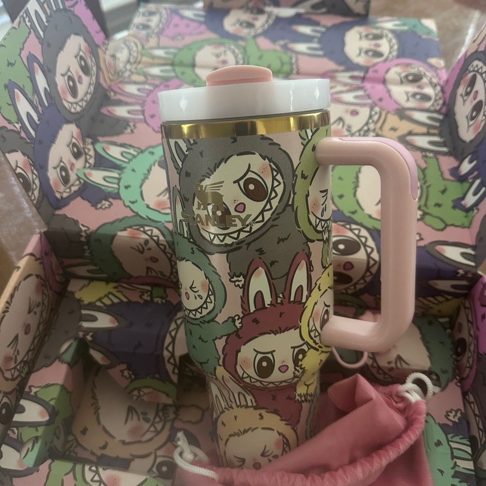 Labubu Monster Tumbler – Pink Cup Straw Topper  ,carry Bag